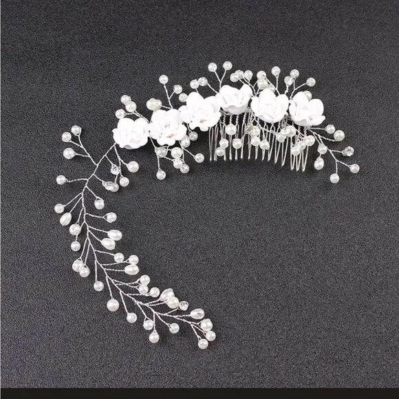 Wedding Bridal Hair Comb Hair Vine Flowers Pearls - Picture 2 of 8
